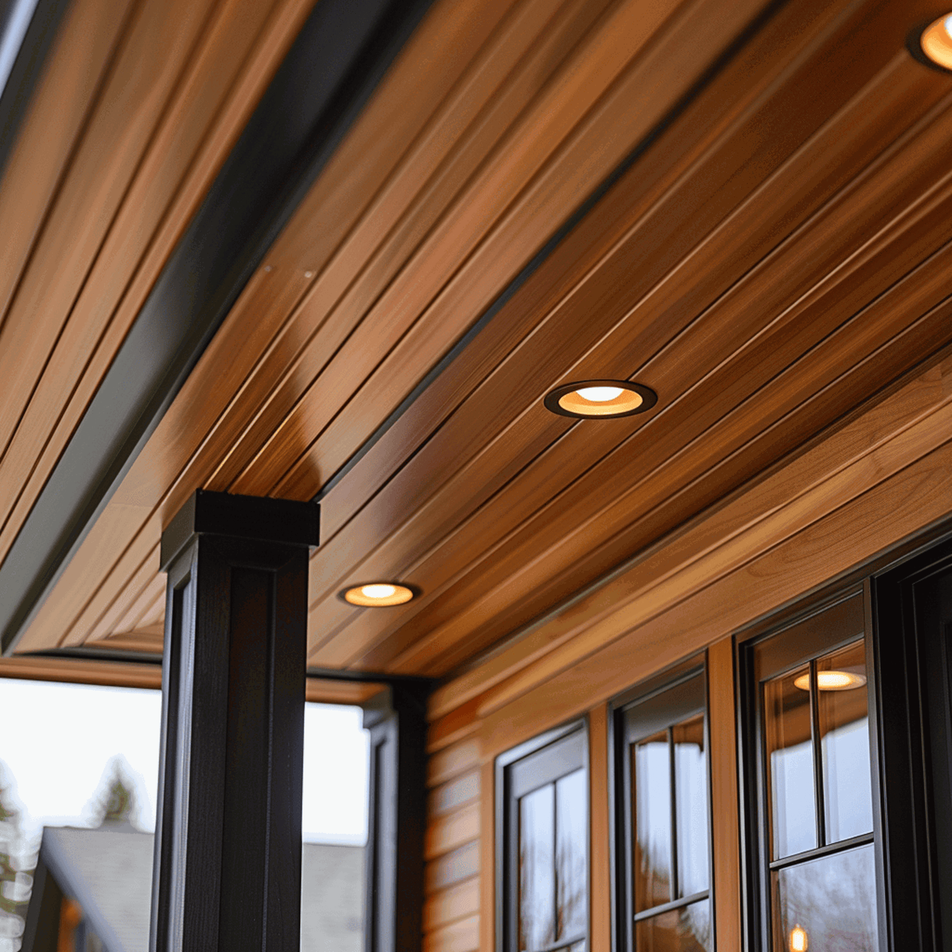 Exterior recessed lights are installed on a home with wooden ceiling panels.