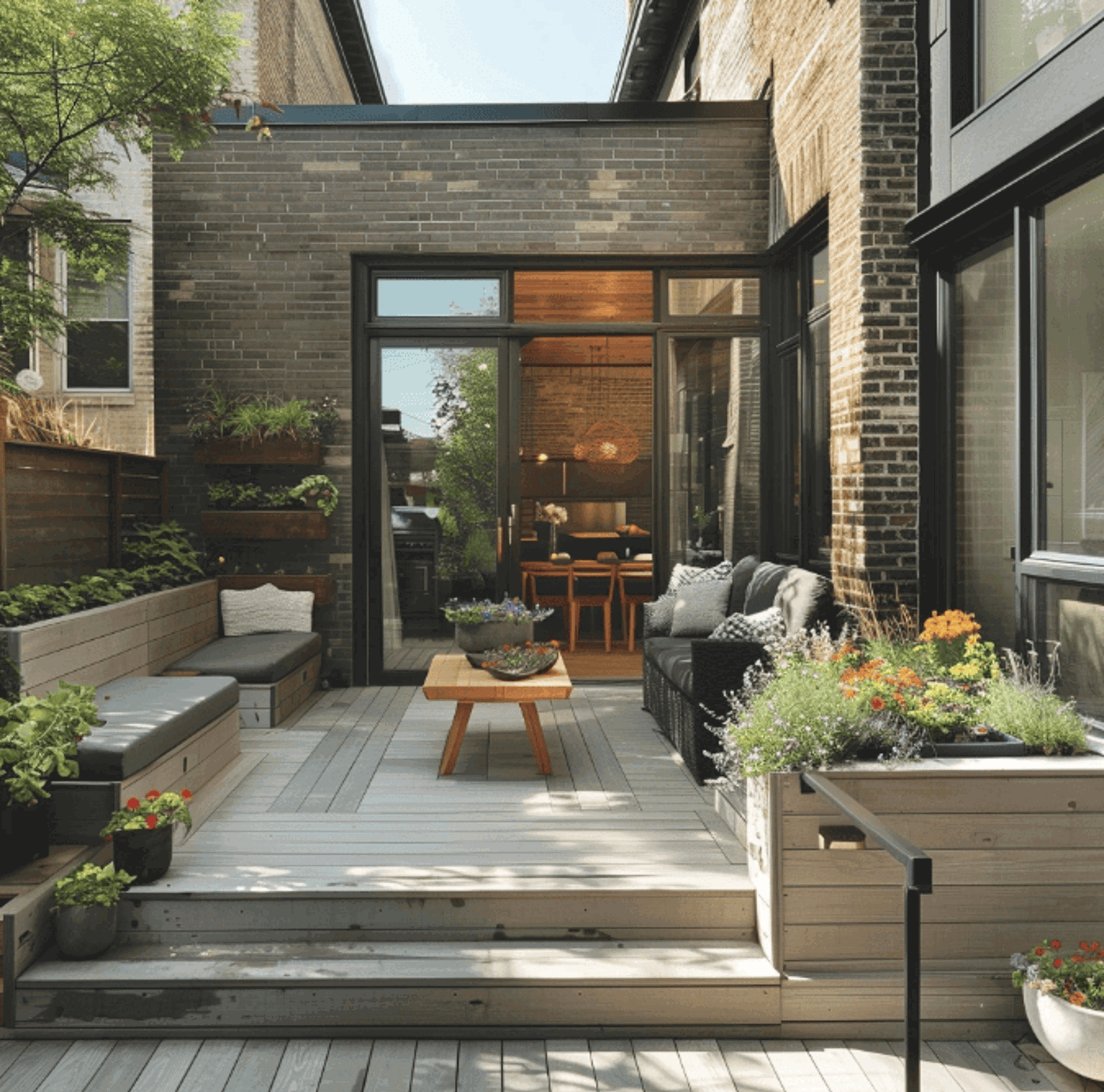 This image depicts an outdoor decking space with a sofa, flower pots and a coffee table. There are pillows on the sofa, along with snacks and drinks on the table.