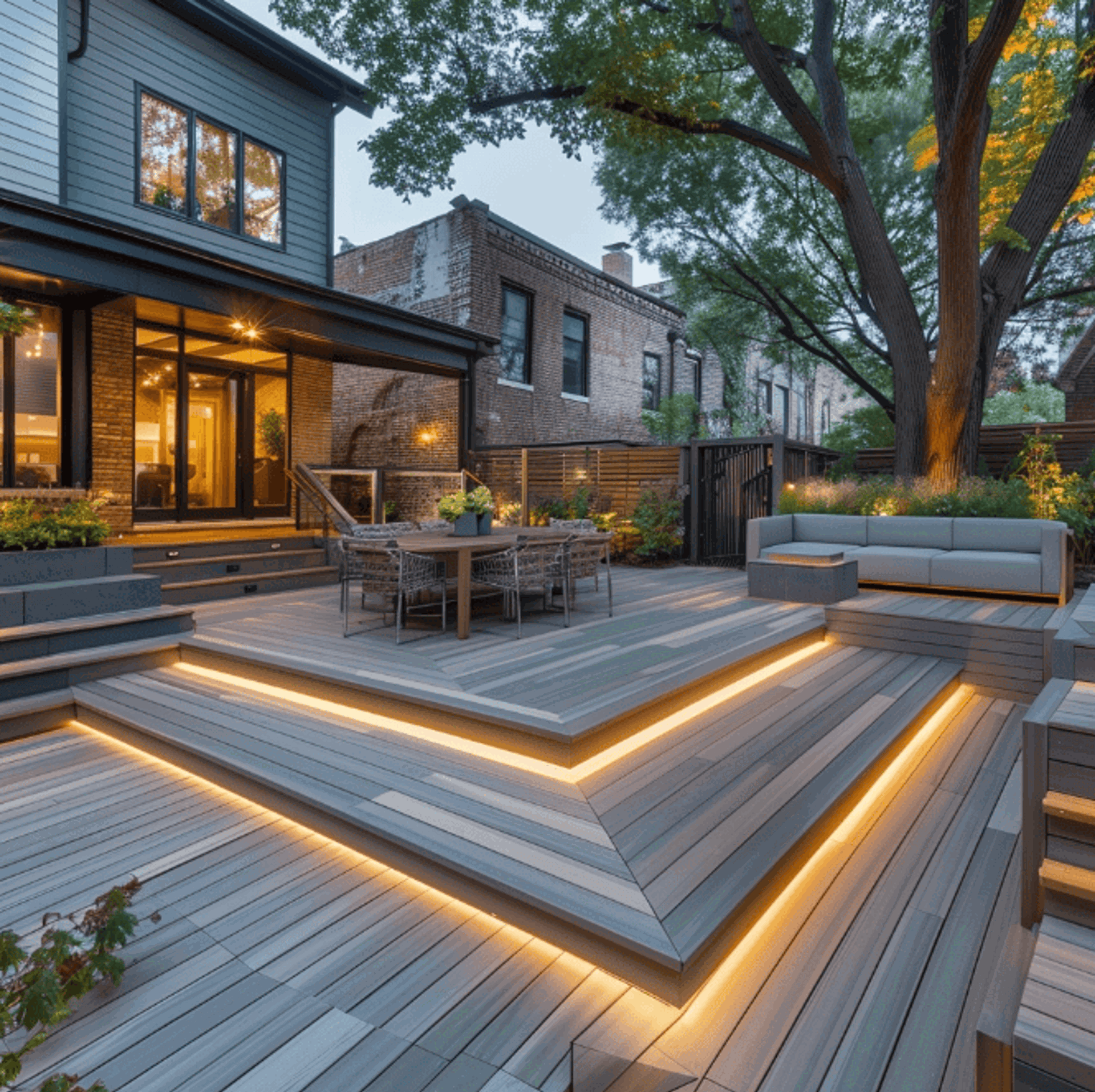 This image depicts a multi-level deck with lighting, a couch and coffee table and a dining table and chairs. There are many plants around and a home and a tree are in the background.