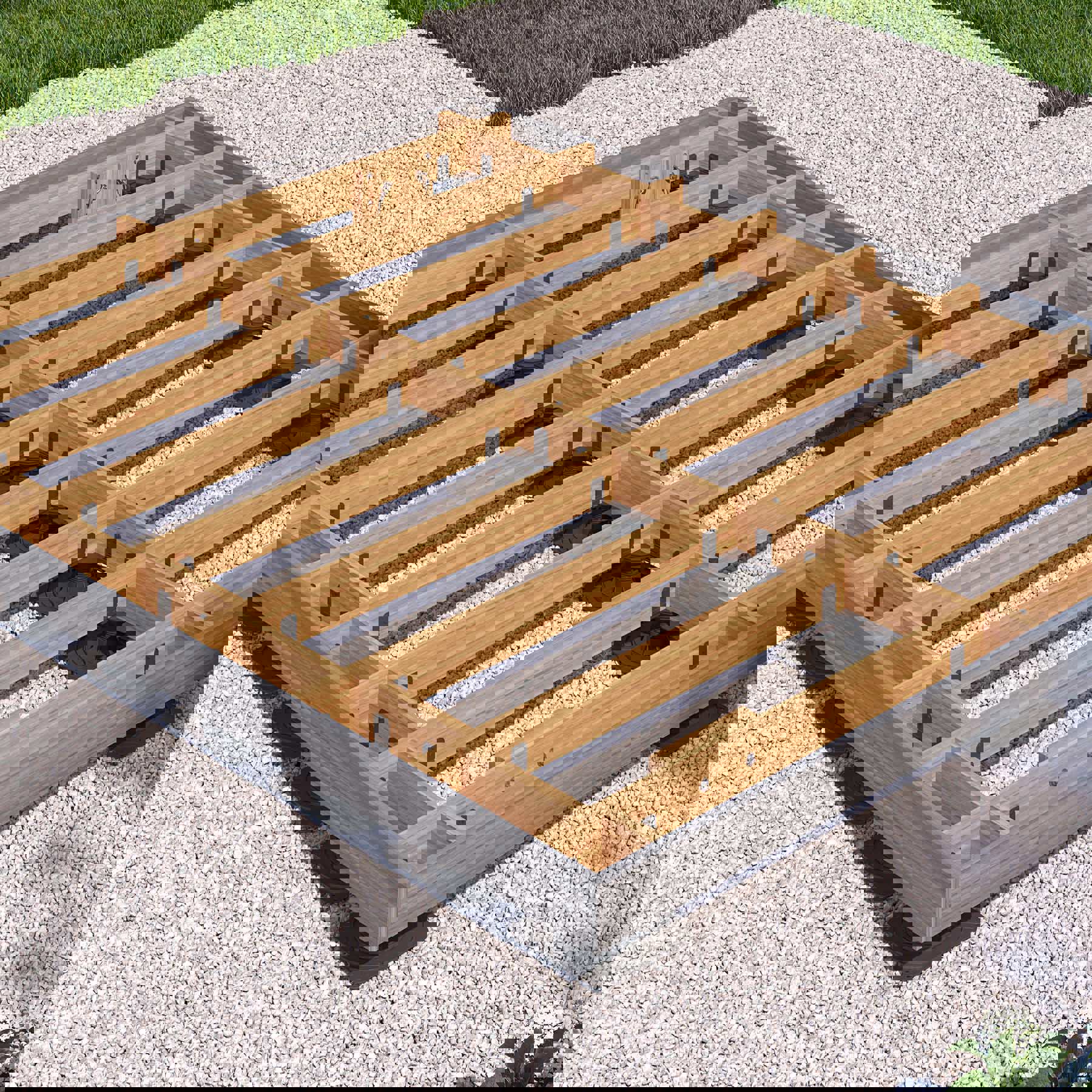 A Level.Up deck foundation sits on top of gravel.