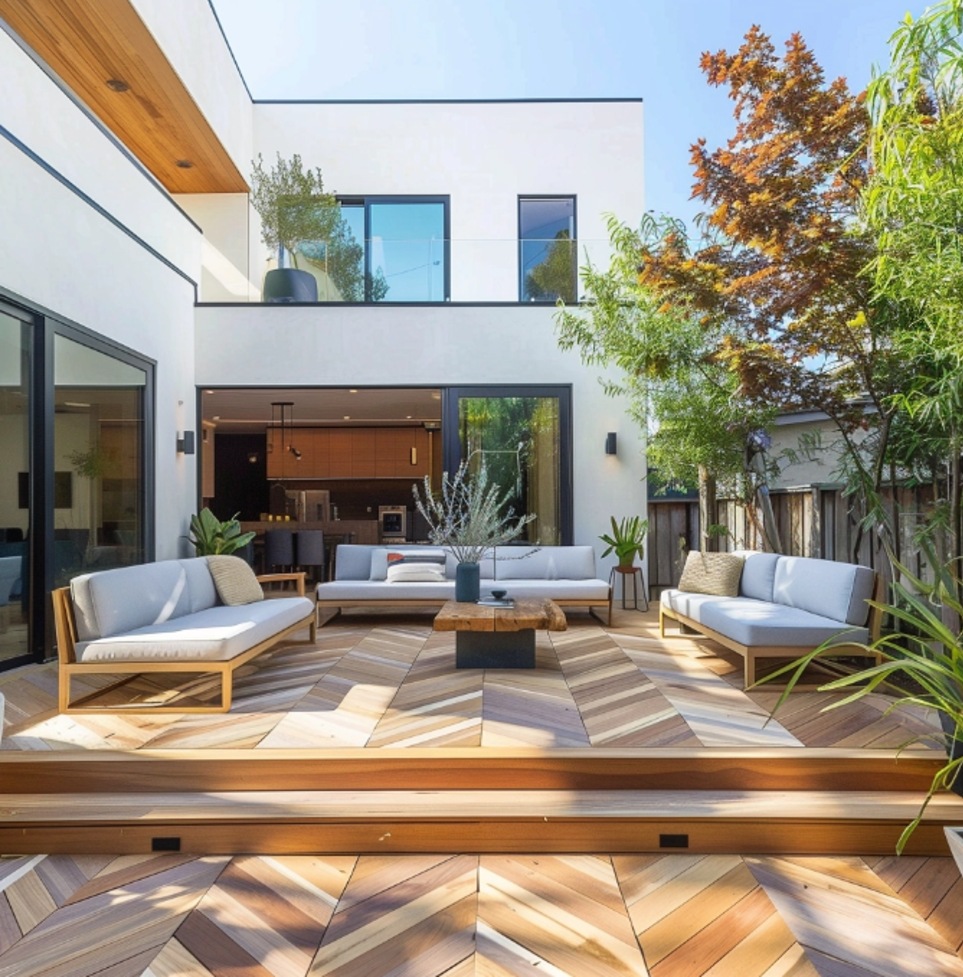 This image depicts a deck area with three loveseats, plants and a coffee table. The deck design utilized light colors to create an airy feel.