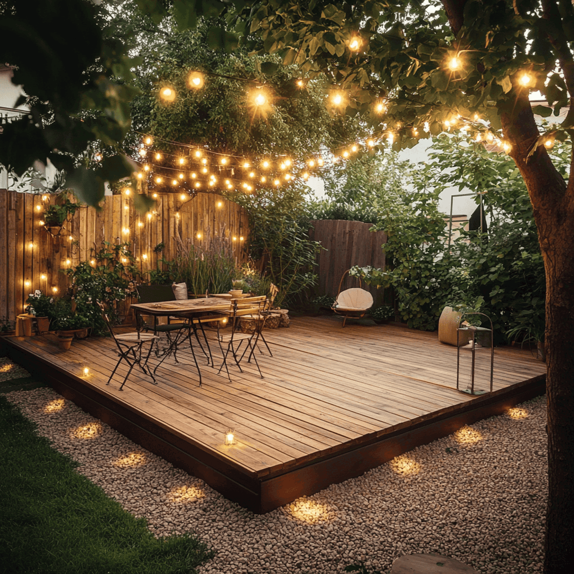 Boho LED string lights hang from the trees with circular bulbs, emitting a warm, and inviting glow over the ground-level deck.