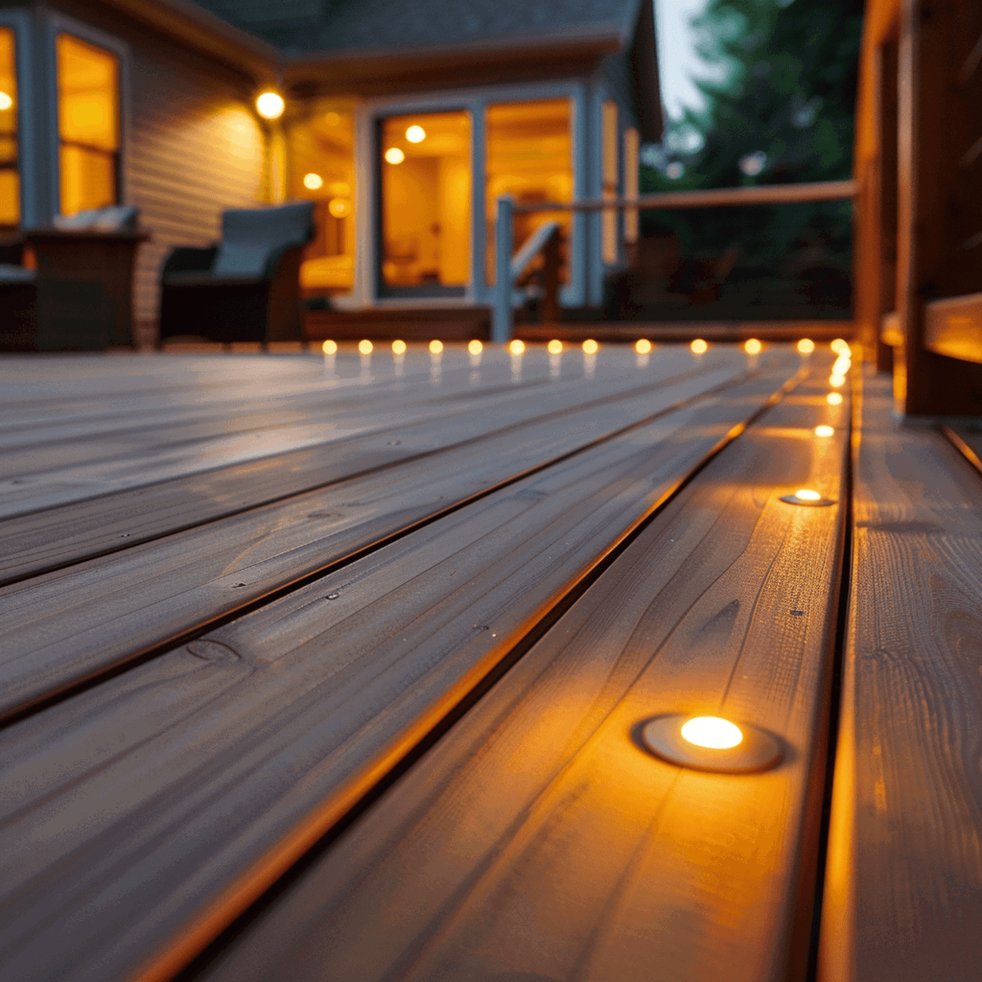 LED can lights are integrated into the flooring of a deck.