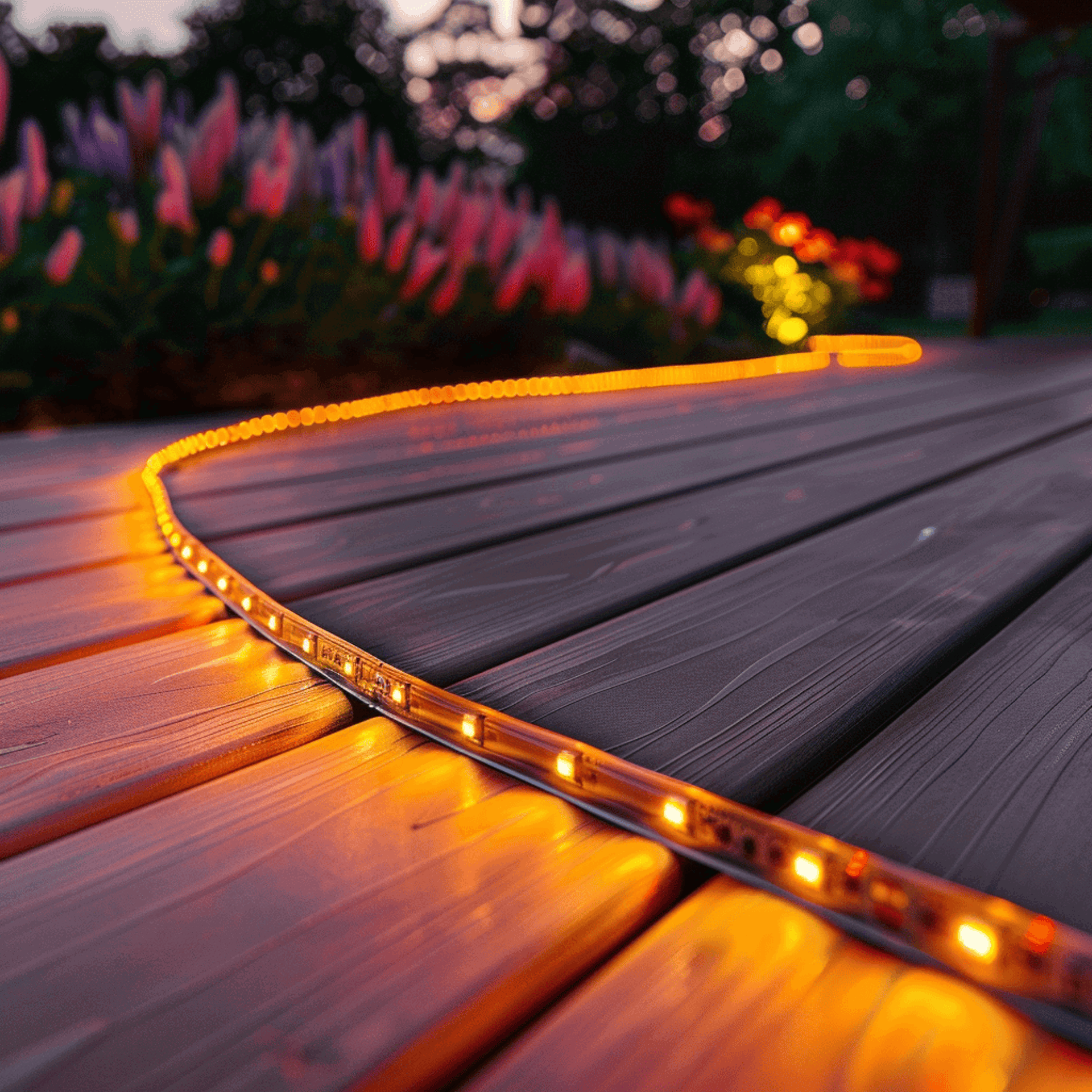 An LED lighting strip is lying on a deck.