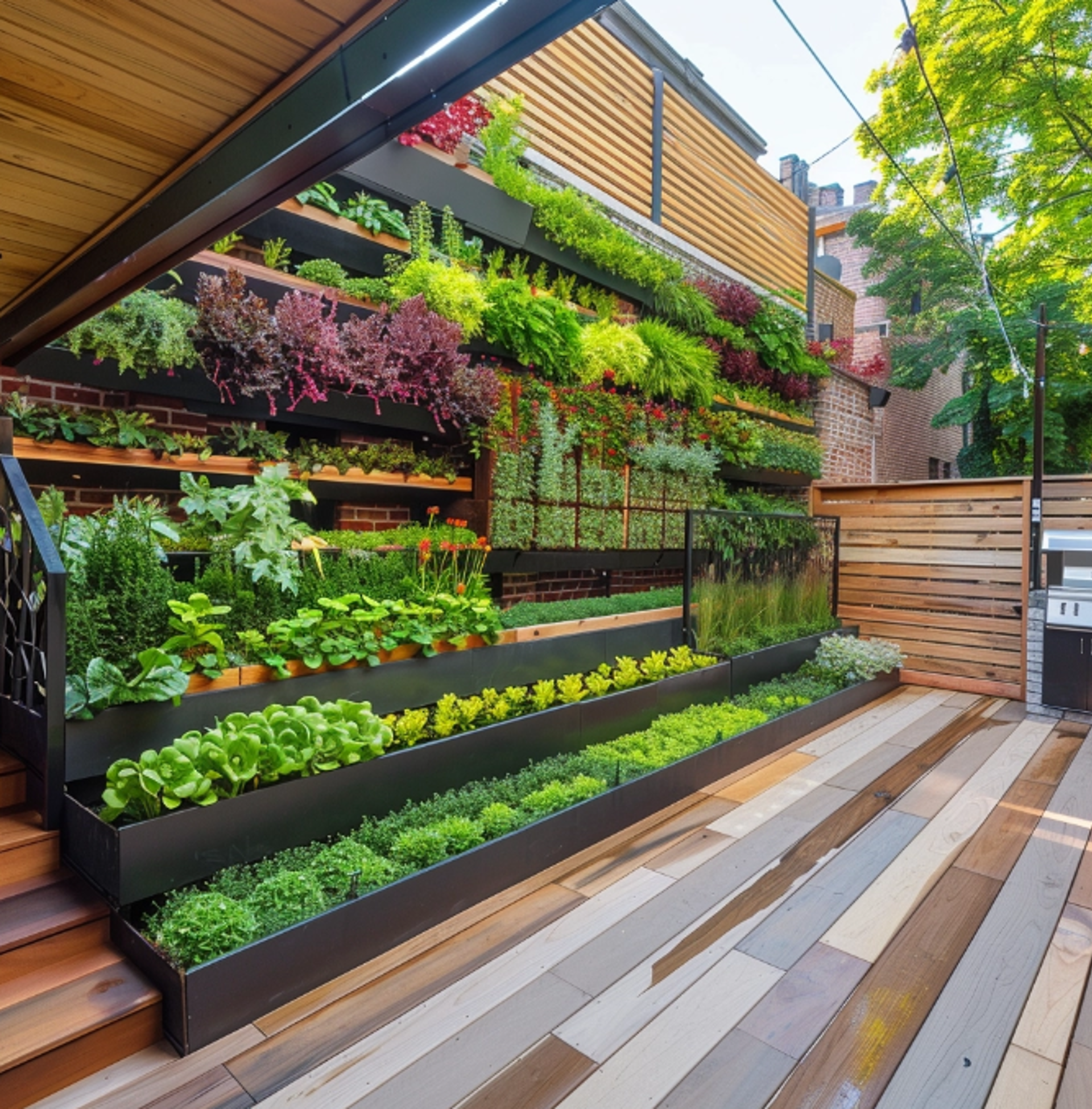 This image depicts a deck. A wall of greenery is pictured, as well.
