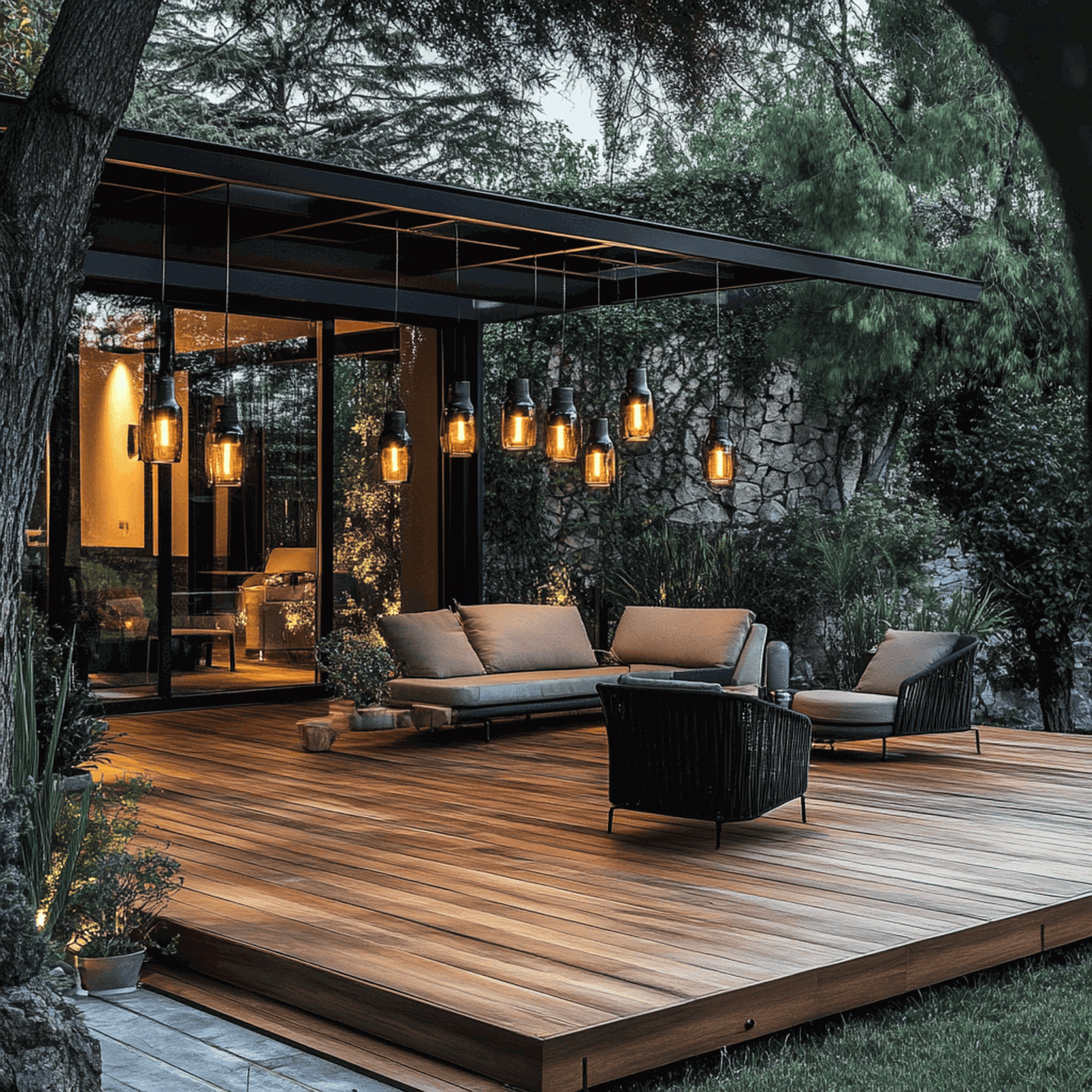 Beautiful pendant lights hang above an outdoor seating area table, creating a striking focal point.
